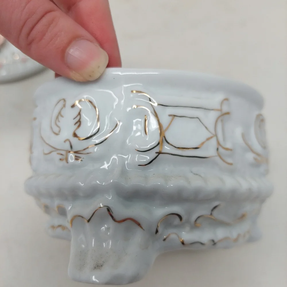 Vintage Floral Trinket Box Porcelain White Pink Roses Jewelry Footed Victorian